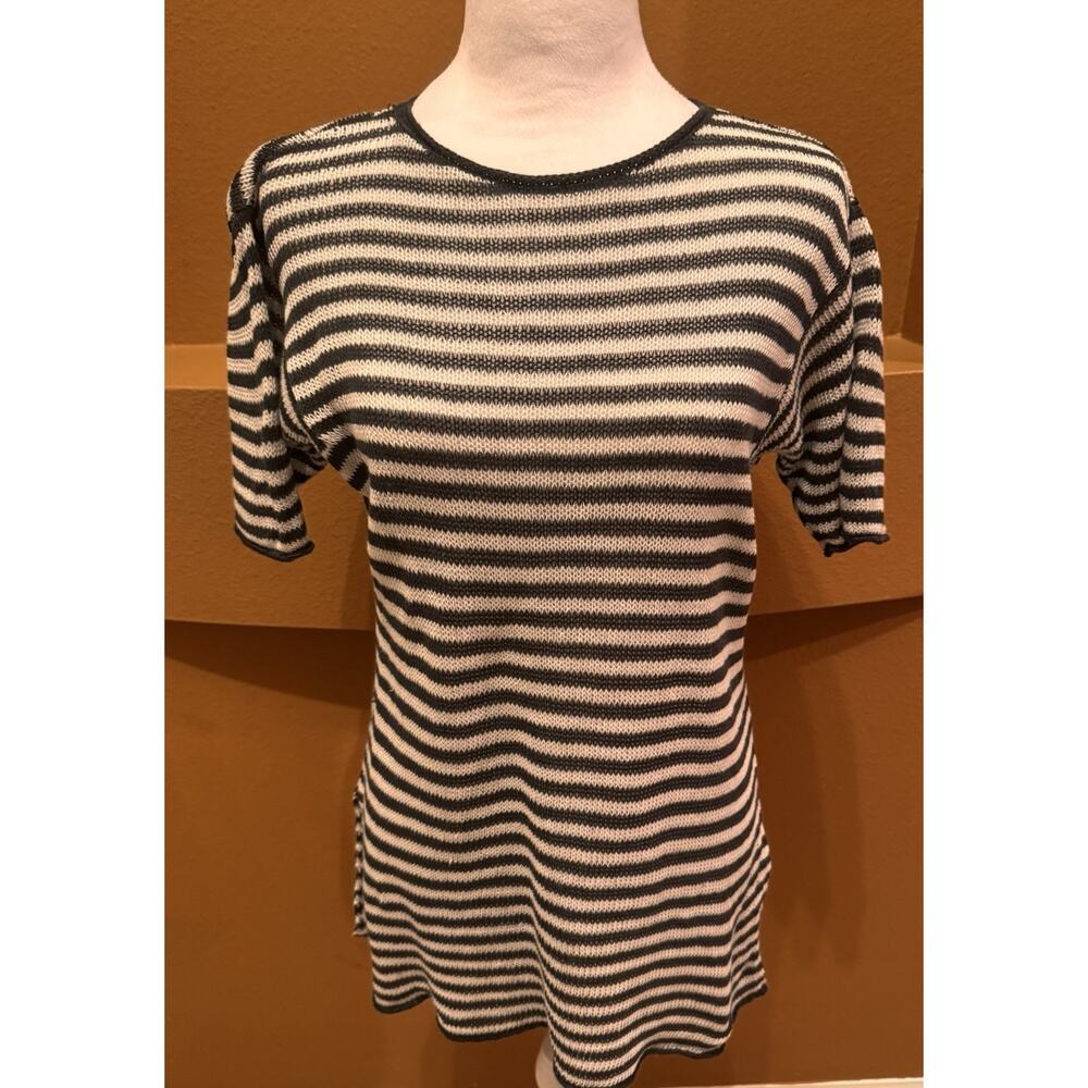 Eileen Fisher Gray White Loose Knit Stripe Organic Linen Tunic Sweater Sz SP
